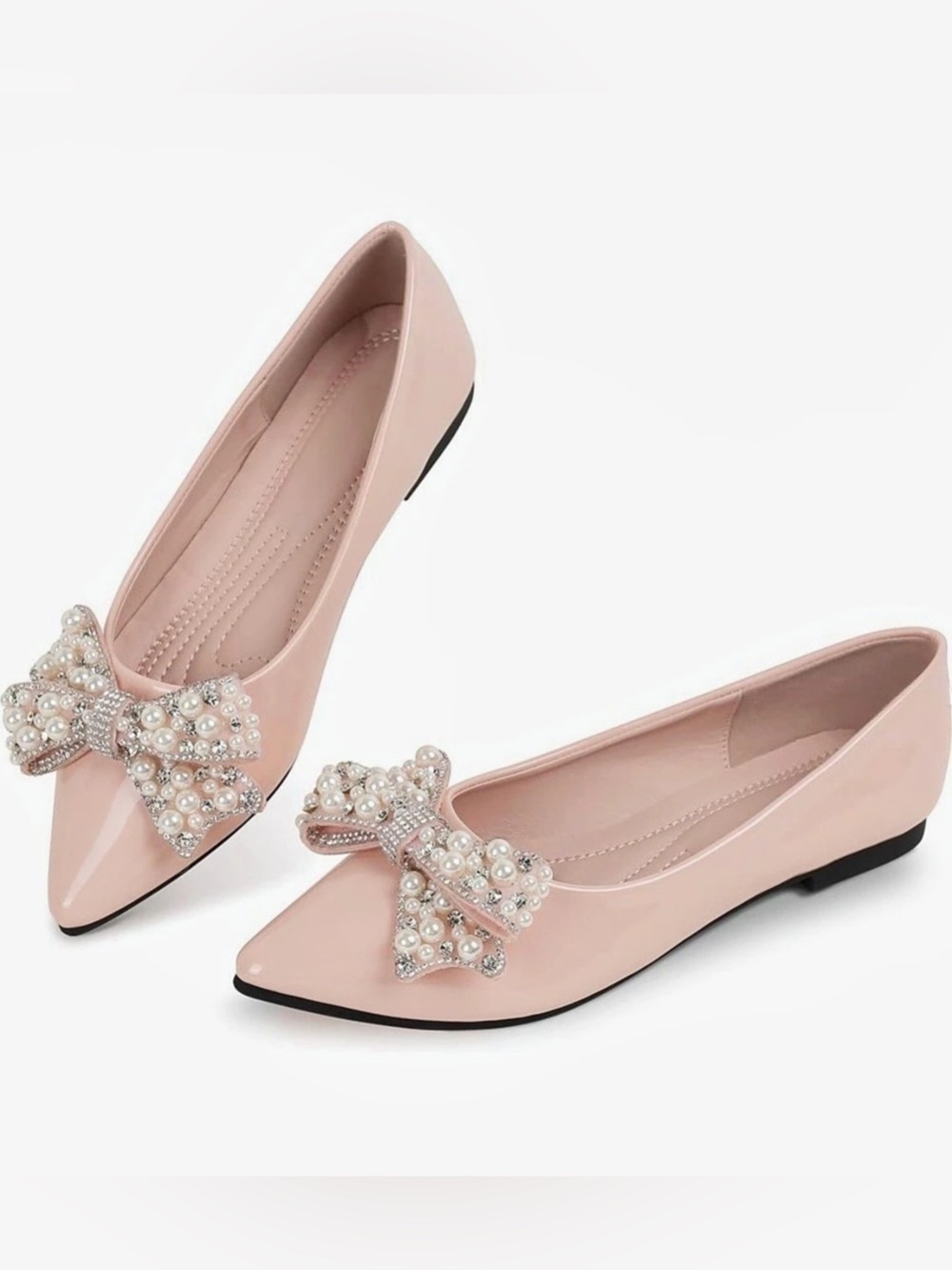 NIB W Sz 9 Pink Patent Leather Ballet Flats Rhinestone Pearl Bow Balletcore